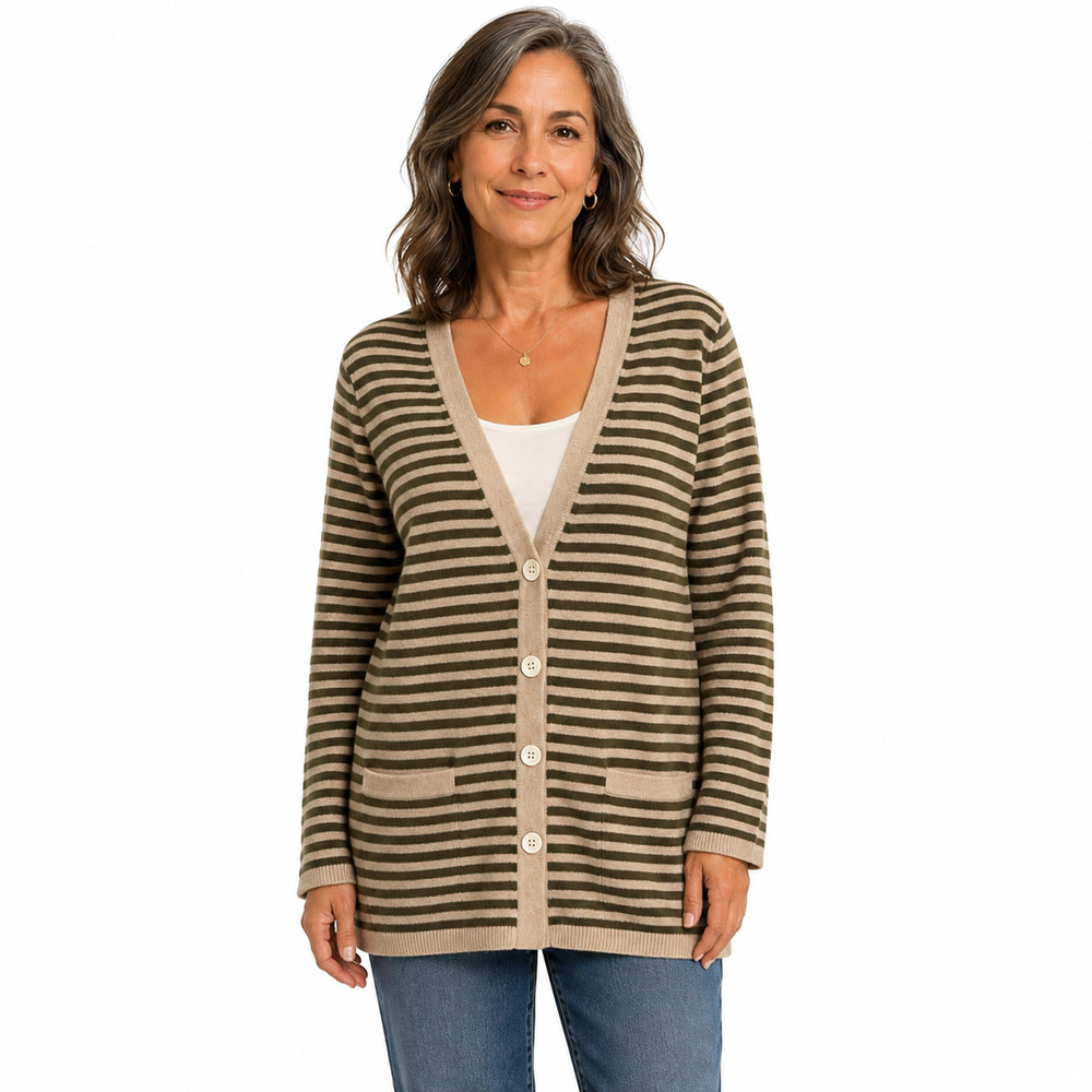 Talbots Petite Pure Cashmere Olive Green Beige Striped Cardigan Sweater sz M